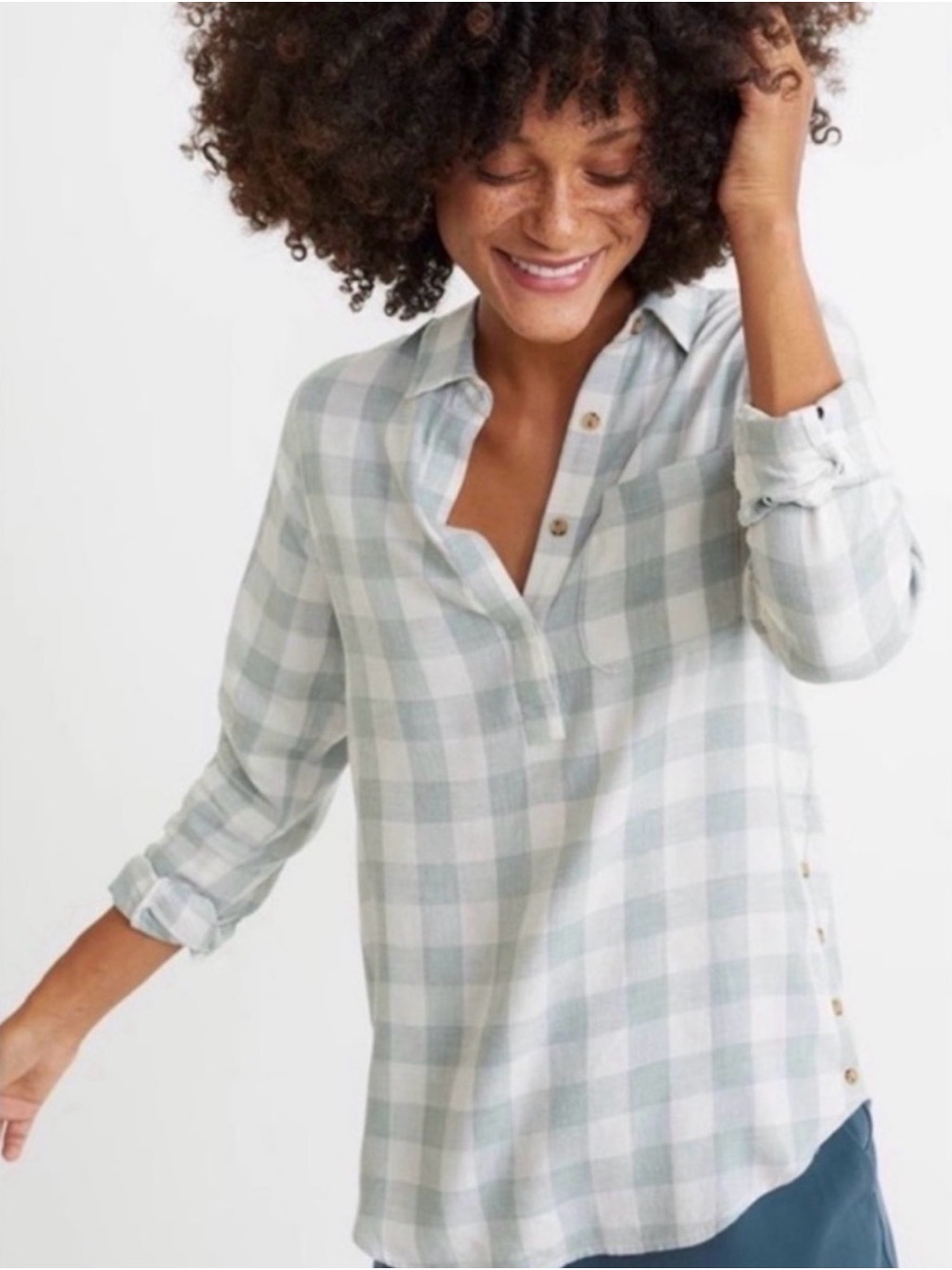Marine Layer Kierra Light Sage Green Plaid Buffalo Check Henley Popover Shirt XL